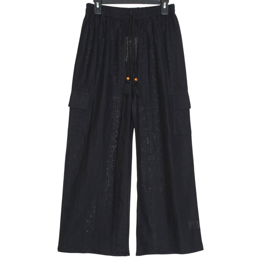 NWT Wide Leg Pants Cotton Laser Cut Cargo Sheer Boho Lightweight Pull On Black M